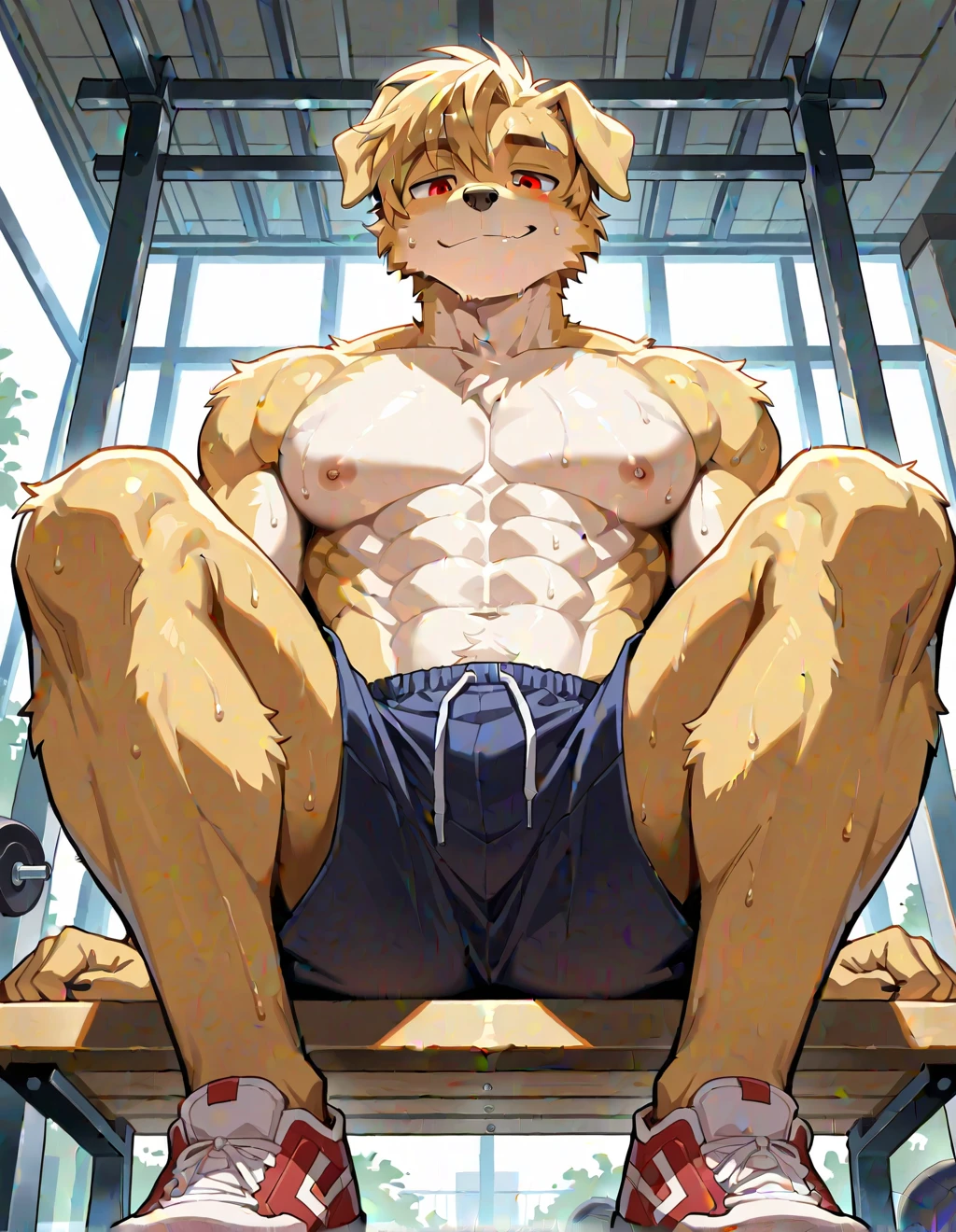 (masterpiece, 4K, ultra detailed), cougar furry, masculine, shirtless, handsome, athletic, blush, smile, eight-pack, illustration, smooth colors, front view, closed eyes, anime teen, light brown pubic hair, red shorts, white background