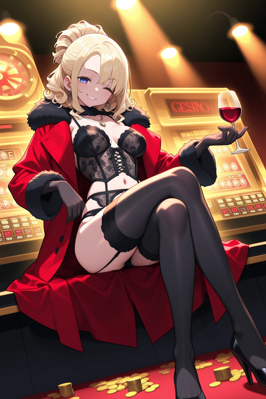 ((highest quality)), ((masterpiece)), (detailed), Anime 2D Rendering, Realistic young anime woman, Perfect Face, Beautiful fine details, blue eyes, Beautiful body, Beautiful breasts, Smaller breasts、 Beautiful thighs, Beautiful feet, delicate and beautiful white skin, Baby Face、12 year old girl、One Girl, (Red High Heels), Blonde、Short pigtails with red ribbon, Black Stockings、Black lace skimpy thong panties, Wicked Smile、((Grin))、belly button、belly buttonピアス、She turns her face and body towards the viewer，She has a pretty face and a charming smile，Purple Bodycon，The bodycon is a shiny purple color that reflects light.、Wearing earrings and a necklace，The accessories are gold、Are standing、Holding a wine glass in his right hand