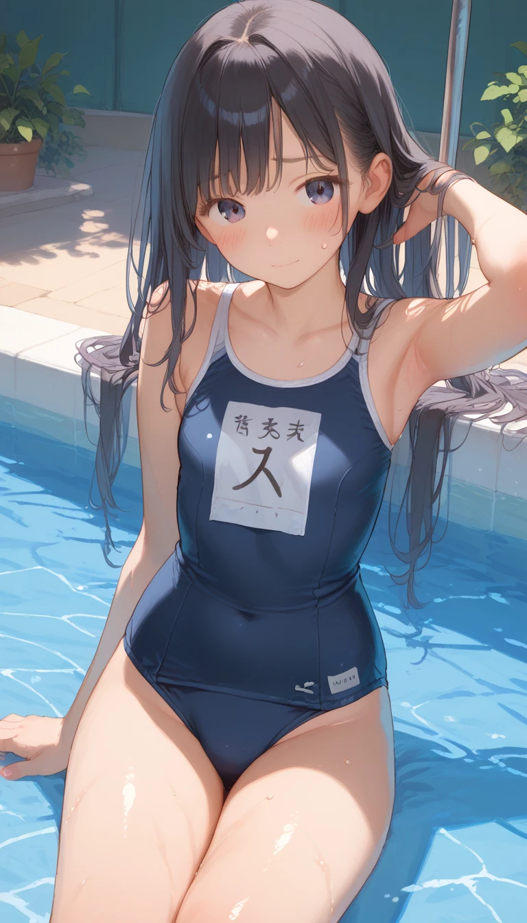 (masterpiece、Highest quality、Very detailed))、One girl、Black Hair、Long Hair、twintails、blunt bangs、Grey Eyes、evil smile、((Grin))、((lots of piercings))、((Dark blue school swimsuit))、Cowboy Shot、((bent over))、Shower Room Background