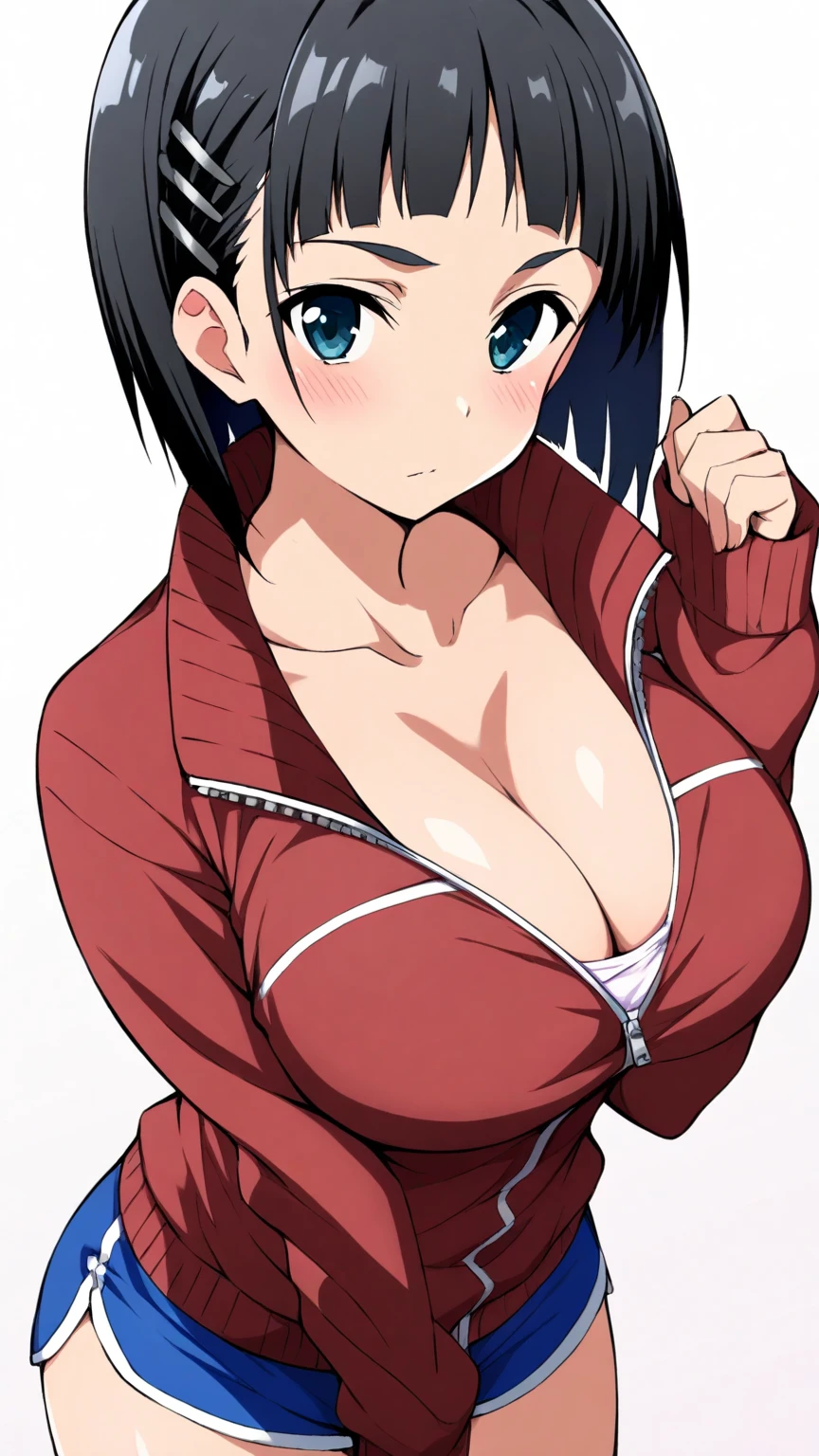 maximum quality, intrincate details, super high resolution, Kirigaya Suguha, short hair, huge breasts, huge hanging bra, stipping, provocative pose, sexual body, locker room in the background, switching clothes, precise hands, happy face, black bra, blue thong, red jacket