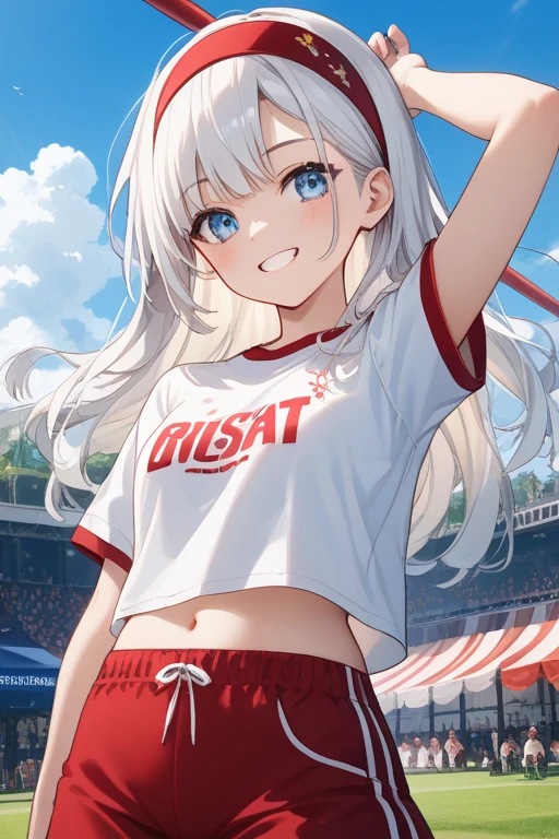beautiful, masterpiece, Highest quality, anime, One girl, C Cup,Portrait Shot, View your viewers, Covered、Short Hair、nearby、Blue Eyes、art、、White hair,Blue streaked hair、hairpin、Cute smile、Thighs、Cute、Beautiful breasts、Sweat、Volleyball Club、Volleyball uniform、separate、mirror、Private room、navel、salute