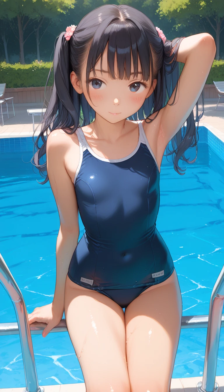 ShigureKancolle,long hair, single braid, hair flaps,((masterpiece)),((best quality)),((high resolution)), ((ultra-detailed)), one-piece swimsuit, Navy blue school swimsuit, landless swimsuit ,completely Iron collar, 1girl, Solo, disdain,disgust,blush, squatting, ((arms behind head)), spread legs wide,(from front),((concrete background)),in a cage,((caged)),prison,basement,perfect anatomy,barefoot,