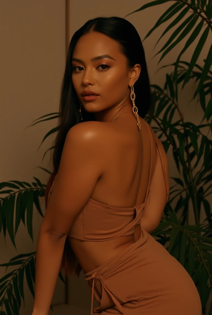 Display a full-body portrait of a stunning model with flowing black hair in a sophisticated jumpsuit. She is standing in a lush, tropical garden with vibrant exotic flowers, towering palm trees, and a serene koi pond, evoking both luxury and a sense of tranquil escape