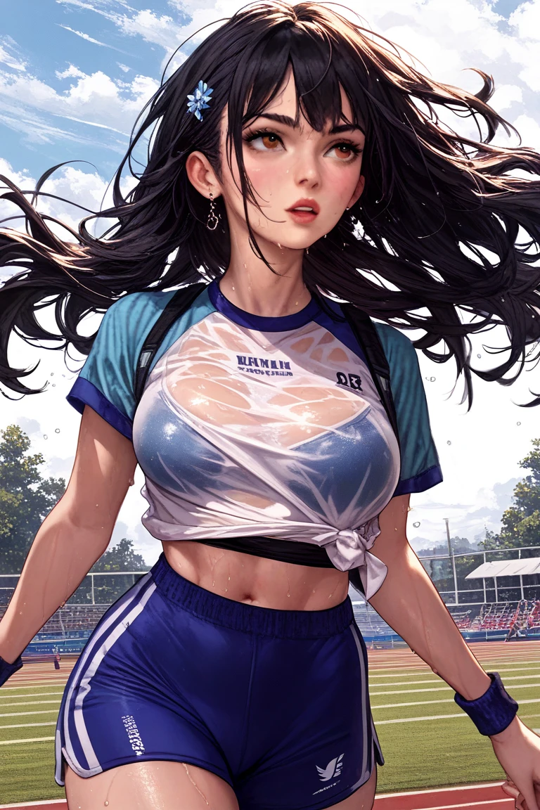 NSFW, (8K, RAW photo, 最high quality, masterpiece:1.2), High-definition RAW color photo, Professional photo shoot, cinematic light, alone, (((young woman))), (Sharp features), (small face), (high detail skin:1.2), clavicle, cute face, beautiful appearance, long eyelashes, (rainbow colored hair, blue eyes), beautiful breasts, (slim body shape:1.4), very detailed顔と肌の質感, fine eyes, double eyelid, look sideways, run on the playground, ((shortcut, long bangs on one side, asymmetrical bangs, One eye hides, wavy hair)), slender body, ((open your mouth and smile:1.2)), big breasts, normal hip joint, cowboy shot, While running, (((Training shirt:1.5, navy blue bloomers:1.5, Seductive thighs))), Sprinting, staring eyes, beautiful skin, shiny skin, perfect fingers, five fingers, anatomically correct, background bokeh, high quality, surreal, bright colors, ((very detailed, photo shoot)),
