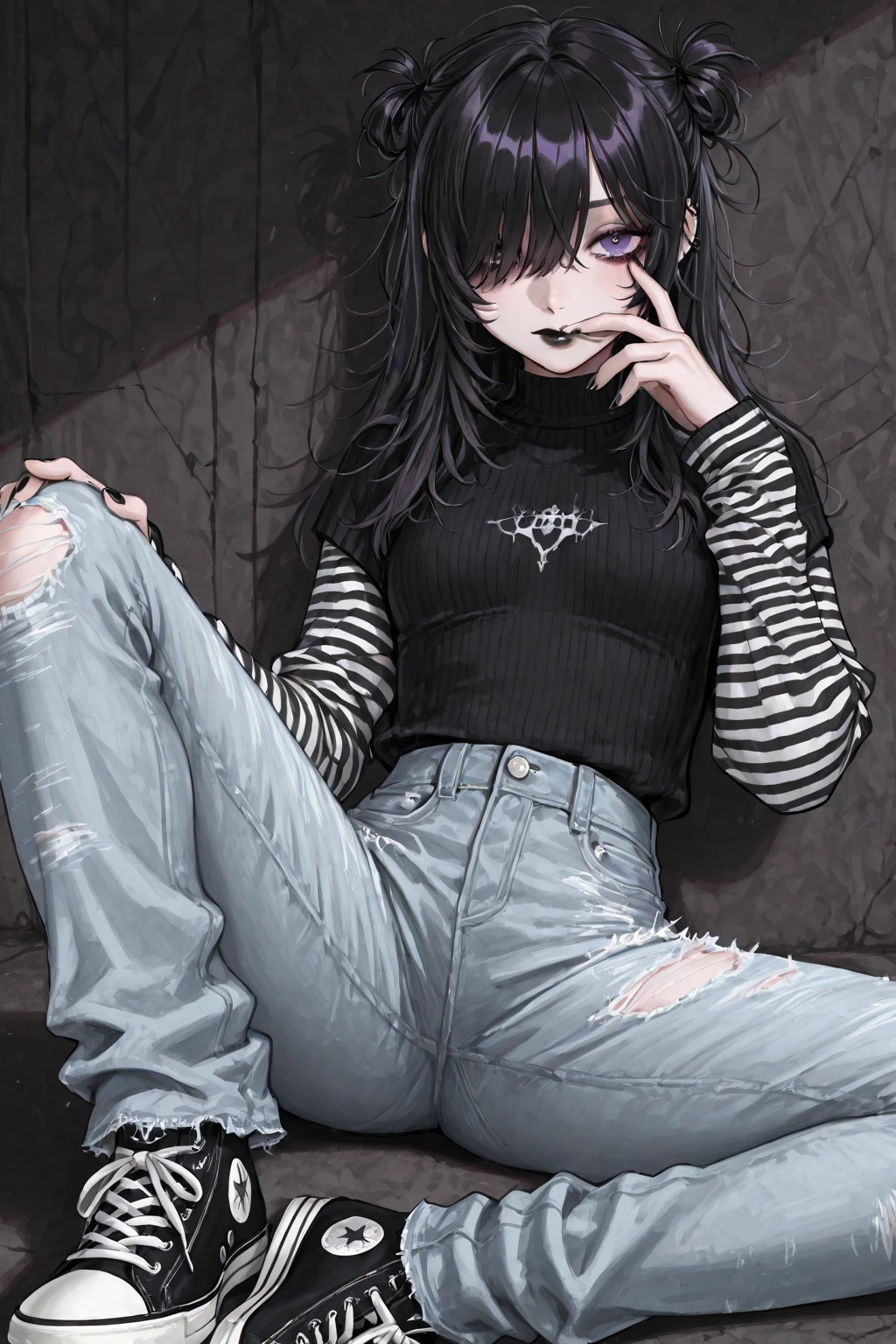 delinquent street punk in emo style clothes holding up the middle finger, looking at viewer, 1girl,bob cut, (sidelocks:1.3), tongue out, closed mouth, squatting, torn clothes, piercings, jewelry, tattoos, observatory, finely detailed background, amazingly intricate background, incredibly absurdres, best quality