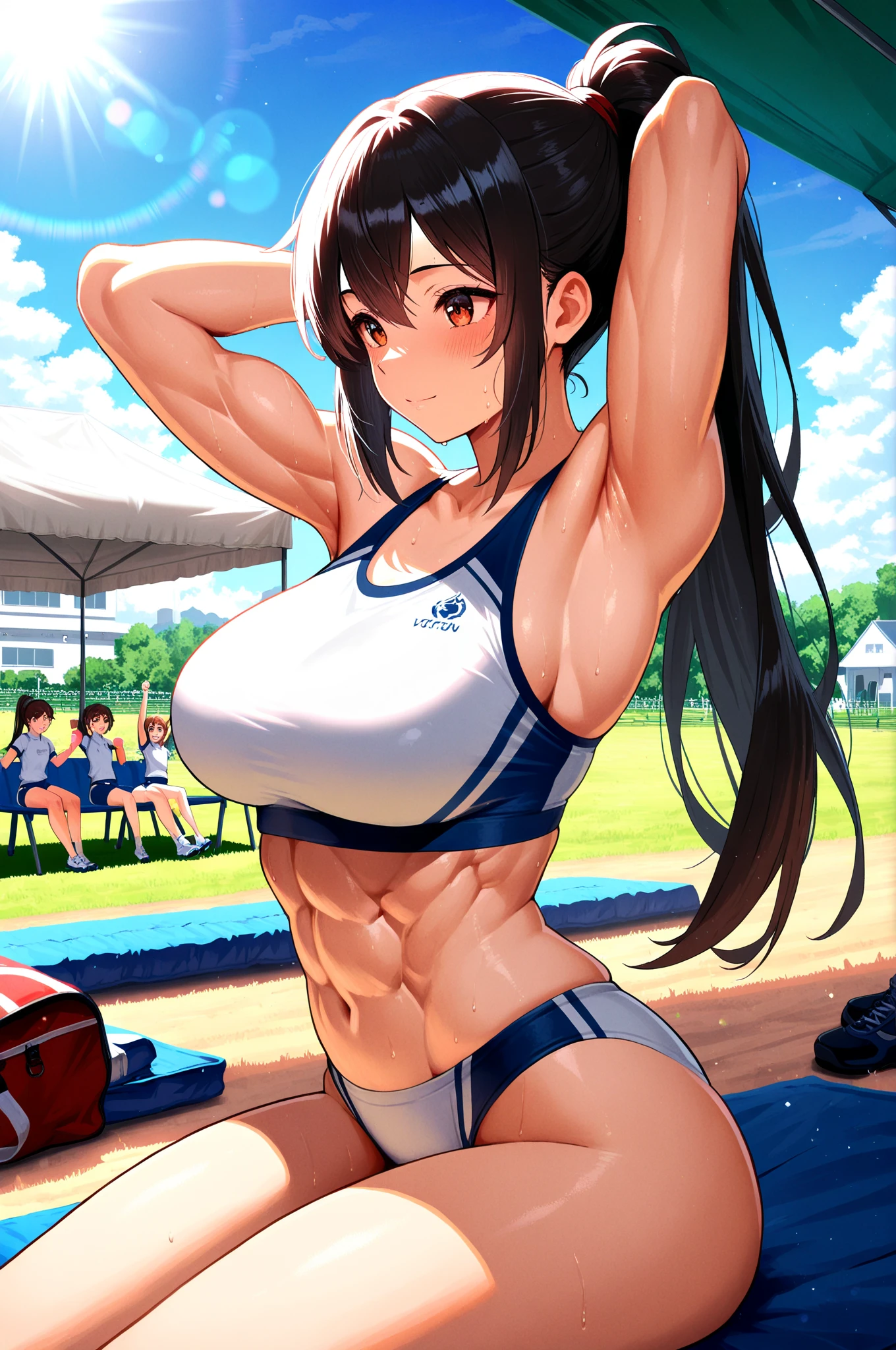 (tmasterpiece:1.2, best quality), real, (real photo, intricate details, depth of field), tmasterpiece, best quality, woman in white sports top and blue shorts, white translucent bra, tight push-up bra, blue yoga pants, fair and transparent skin, abnormally bulging, larger than shoulder blades, hourglass body shape, narrow waist and thick hips, pelvis larger than shoulder blades, fitness model, red cheeks, sweaty. , soaked all over, out of breath, wheezing, standing in a sunny park