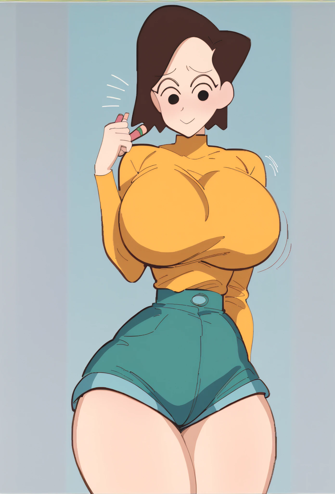 A tall sexy sensual beautiful woman with big breasts, short brown hair, tousled cut, her brown eye, red lip, wears a short yellow blouse top, shows her navel and blue jeans, black shoes.