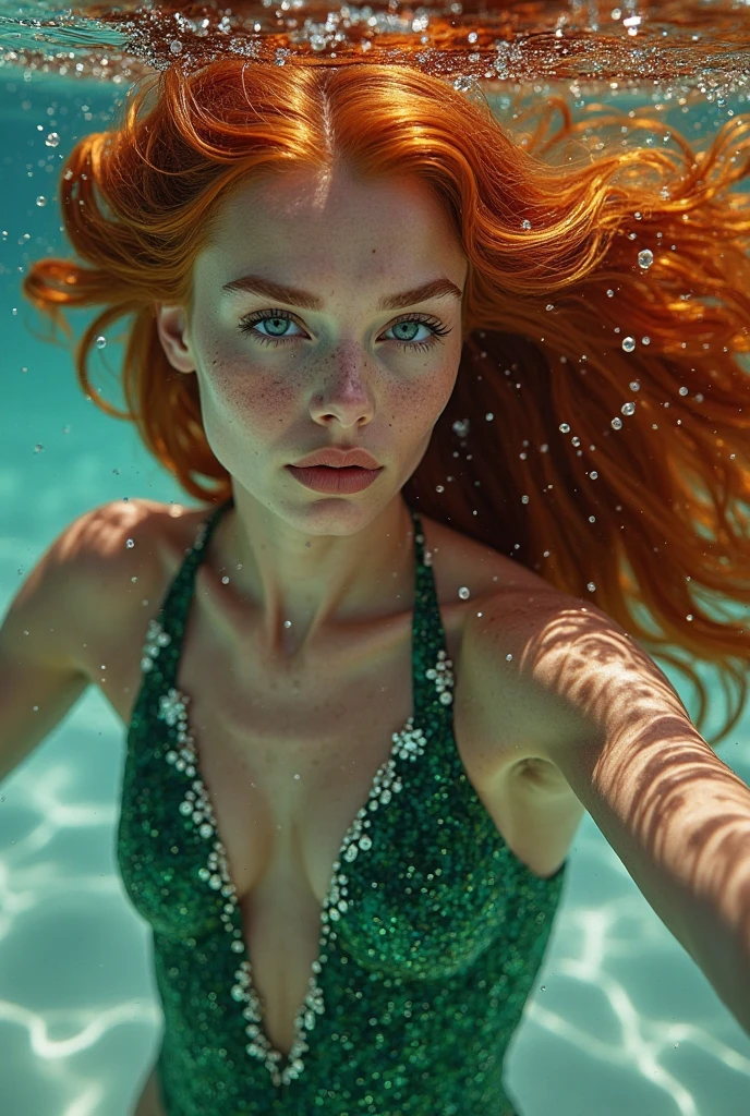 (full body shot:1.1) photorealistic image of a (laying pose:1.1) woman, ultra realistic, photography, long red hair, girl, 24 years old, hourglass figure, perfect body, Flirty look, natural medium breasts, blur background, she is floating in a pool, she wears a sexy black thin bikini, she is relaxing