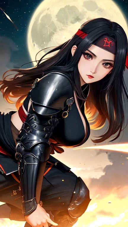 woman,samurai,big breasts,mask covering mouth,sword drawn,chest held,blade pointed upward,detailed armor,flowing black hair,evoking power and grace,dramatic lighting,vibrant colors,traditional Japanese elements,stylized background