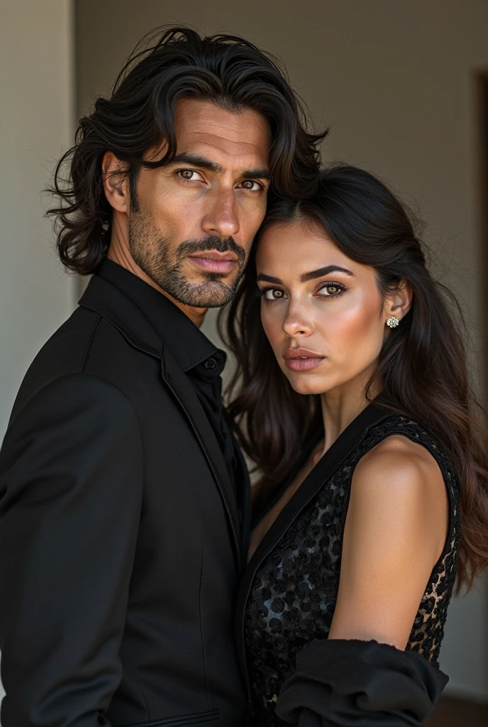 Sexy couple, the man wearing a black suit, his hair brown, his gaze is cold, very handsome. The woman beside him was very beautiful, wearing a V neck black sexy dress, her hair was brown.