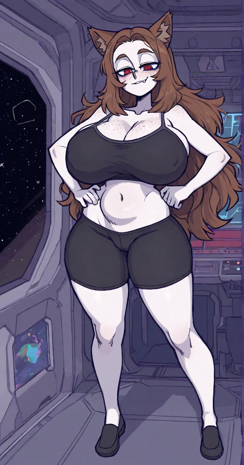 highly detailed, high quality, masterpiece, beautiful, (full shot, back side view), (((dreamy pride art))), (((character severa tettona))), bovid, caprine, goat, athletic female, mature female, dominant female, camel toe, curved leaves, mammal, 5 fingers, 5 toes, bubble butt, (((huge Breasts))), (((Brown body))), (((Brown fur))) (((Brown hair))), (((Long hair))), curled hair, (((Brown eyebrows))), (((Black eyelashes))), (((Dark eyeshadow))), (((Tan nose))), (((Tan mouth))), (((Tan breast))), (((Tan stomach))), (((Tan middle of the thighs))), (((Tan middle of the butt))), Tan tail, (((Tan under the tail))), (((Dark Brown shin))), (((Dark bronwn feet))), goat horn, (((curved horn))), Dark Yellow horn, big butt, butt squish, busty, butt, claws, (((black one piece swimsuit latex))), (((feet detail))), (((half-closed eyes))), narrowed eyes, fingers, (((floppy ears))), long ears, genital outline, good body proportion, (((perfect morphology of a tall thick thighs woman))), grabbing own butt, one hand on butt, humanoid feet, humanoid hands, horny face, in love to the viewer, (((large butt))), looking at viewer, loose sandal, standing, nails, open toe sandal heels, partially visible vulva, plantigrade, platform sandal, platform heels, protective mother countenance, pose, yellow eyes, sandals, shirt, shoe dangle, smile, soles, soft soles, meaty soles, solo, sheap space, spreading butt, shorts tail, (((thick thighs))), toe claws, toes, (((voluptuous))), wide hips, curvy figure, curvaceous, absurd res, hi res, signature, in a spaceship next to a large window space