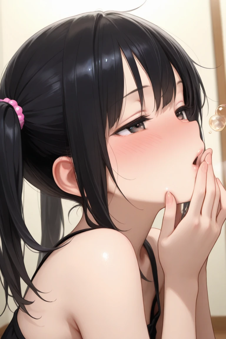 1 girl, nsfw, (headgrabblowjob), (fellatio), (deepthroat), (Expressive eyes), (Perfect Face), ((cute)), Slanted Eyes, ((Baby Face)), (((female child))), (9 years old), (((Petite))), ((Flat Chest)), White skin, gleaming skin, Yellow eyes, tears, ((Excited)), twin braids, black hair, Naked, collar, (Sweat), drooling, 1 guy, penis, detail perfect piece, bath, side view, 16k, (Best quality)