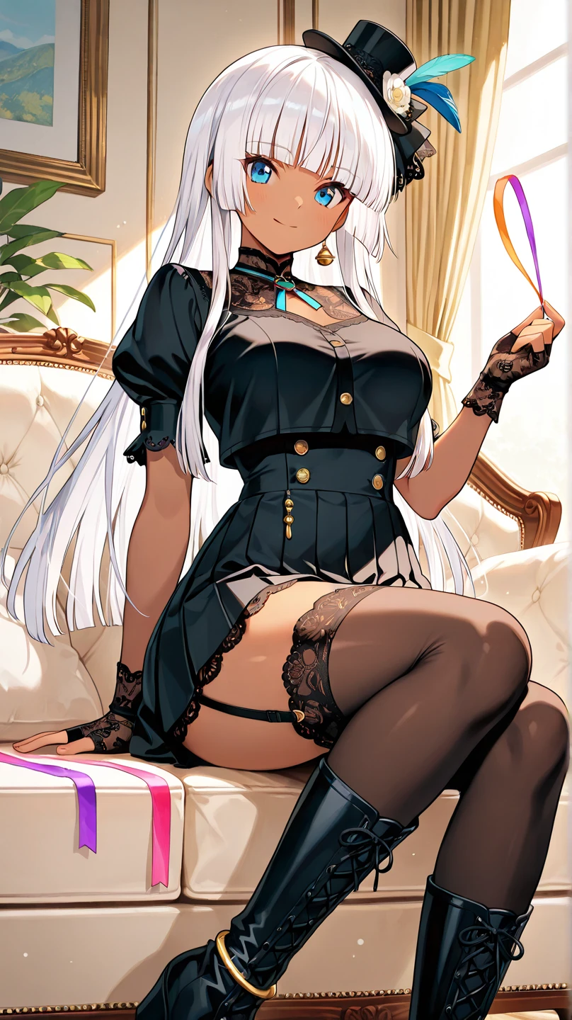 [Black:Blue:0.65] motif，Masterpieces，A masterpiece of a mature woman，Detailed visual art，Blue eyes，Long silver hair，eyeshadow，Elf ears，clavicle，Royal Queen，elegent，Corset underwear，Bare shoulders, Big tits:1.3, Open crotch, Thigh seams, groin, Long boots，[NSFW|uncensored], (Simple background:1.1) , Low wing,All over body