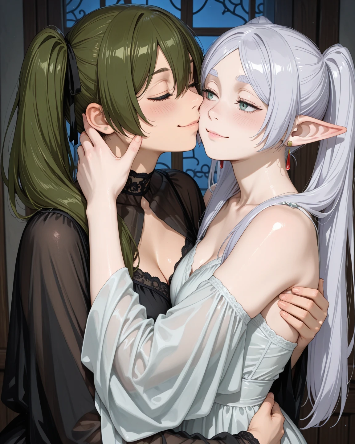(best quality,highres,masterpiece:1.2),ultra-detailed,realistic,portrait,soft lighting,elf (dark:0.9, light:1.1),short hair:1.1,long hair,platinum hair,body,1 girl (dark skin:0.9,light skin:1.1) with extremely beautiful detailed eyes and face,1 girl with lush eyelashes,small breasts,short height, sexually suggestive pose and expression,1 girl with long pointed ears,1 elf girl with delicate features,1 dark elf girl with elegant and mysterious aura,1 girl with sensual and shiny lips,passionate and intimate moments depicted,lovemaking between two girls,romantic and tender atmosphere,1 girl pleasuring the other with cunnilingus,1 girl enjoying oral sex,explicit depiction of licking and orgasmic pleasure,artistic and tasteful representation of lesbian love-making,subtle color palette with hints of deep purples and soft pinks,exquisite attention to detail in rendering the textures of the skin and hair,meticulously painted background with lush forest scenery and magical creatures lurking in the shadows.