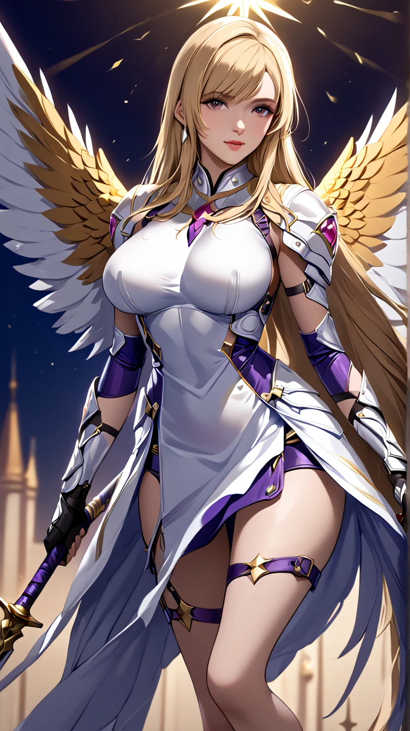 (masterpiece, best quality, high resolution, ((full body, standing,))((huge breasts)) 1 mature woman, spiky purple hair, red lips, full body fantasy valkyrie armor, silver with decorations golden, white Valkyria wings, Valkyria headdress, Valkyria sword in hands, serious look,