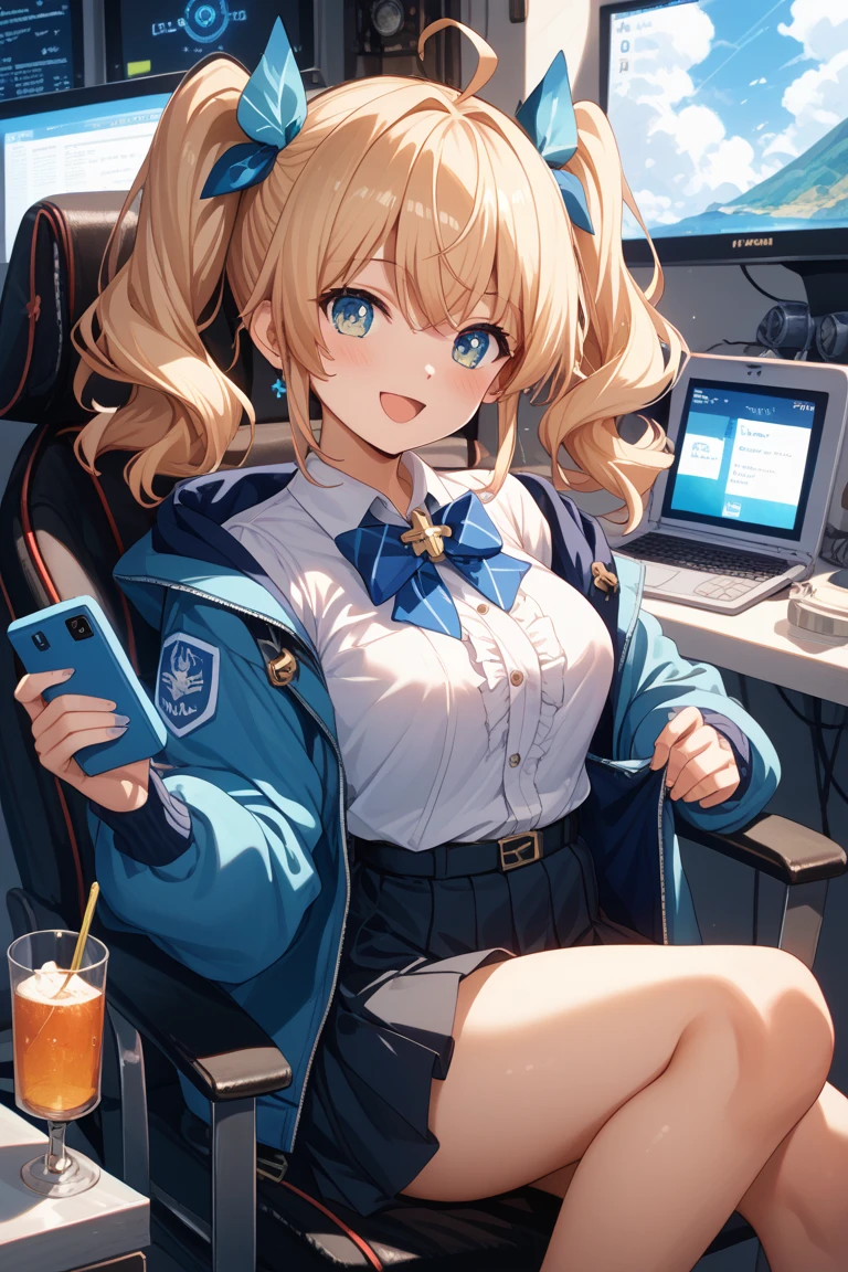 1girl in, Blonde hair, bob cuts, Blue eyes, Sailor Suit, Blue Cyberpunk, Room with large monitor, Room with large windows, Blue fluorescent lamp