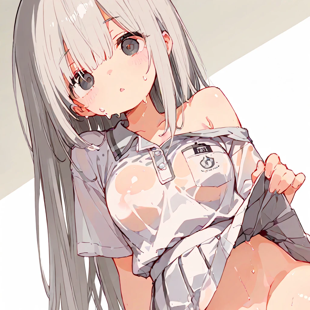 one girl, cat ears, restrained, handcuffed above head, nsfw, nude, white hair, naive, cute, thirteen years old, medium breasts
