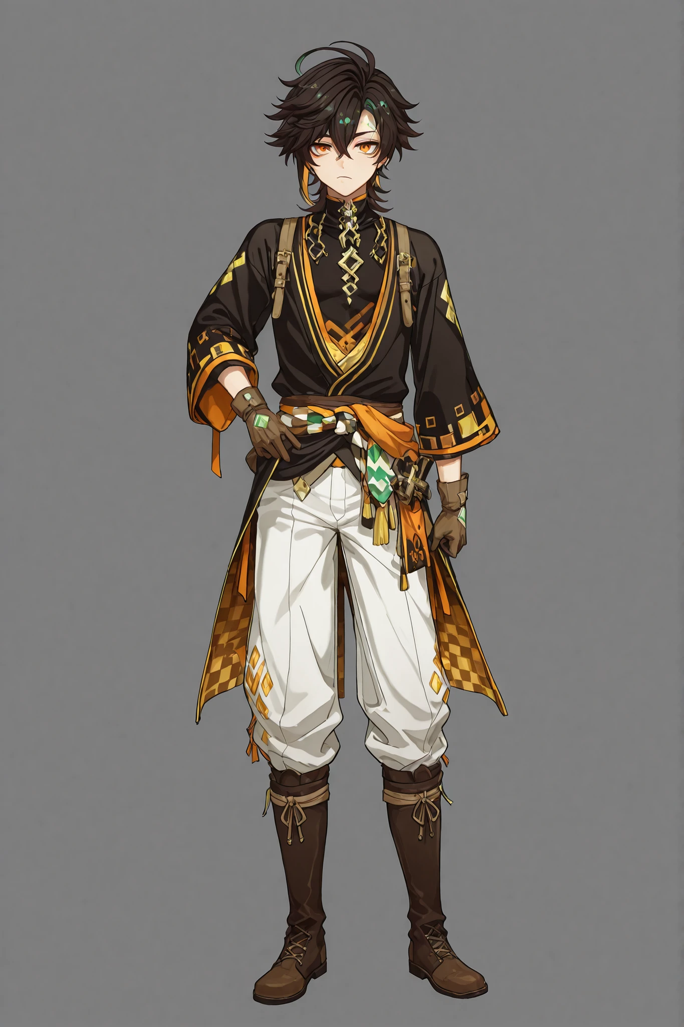 A boy, orange eyes, dark circles, and eyeliner stands with his entire body turned toward the viewer. He has crisscross bangs and wears short Japanese and medieval-style clothing, including a kimono, white pants with gold trim, details on the clothing, accessories, and knee-high boots. Brown gloves and a sash are visible. A simple white background highlights his features. His hair is between his eyes, and his mouth is closed, emphasizing his presence