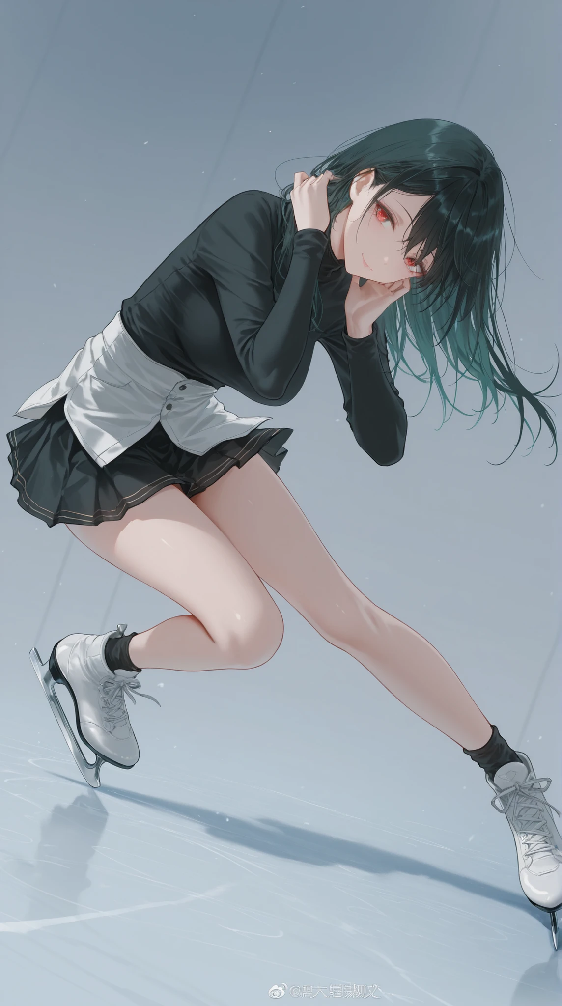 dark_art_style,artist:kazutake_hazano, artist:danimaru,[artist:ask_(askzy)], artist:wanke, artist:wlop, artist:fujiyama, artisit:yuyu_(yuyuworks)，artist:hiten_(hitenkei),atrisit:dishwasher1910,
完美品质, 超高清, 精良制作, 1girl, ice skating pose, 黑丝顺滑发{1.3},单马尾,  {天空蓝表演装:1.4}, 撞色褶边,丝带装饰,半透明服装, 冷美人风格, 若隐若现笑容,花样滑冰姿势, 高难度跳跃, 优雅滑行姿态, 匀称体态, 沉着表情, 女子花样滑冰比赛现场,冰地面，蔷薇色调色，(:1.58),超高清, 精致细节,