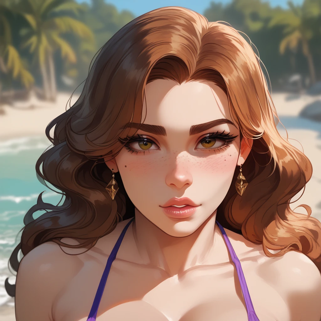 Close-up of a woman with long hair and a sweater, cabelo castanho encaracolado, linda modelo, retrato de alta qualidade, medium portrait bright light beach style, parece a jovem liv tyler, retrato colorido, linda mulher, cabelo loiro cacheado | d & d, beautiful portrait lighting, uma linda jovem, modelo muito lindo, Retrato de 50mm, medium - long curly brown hair wearing a bikini.