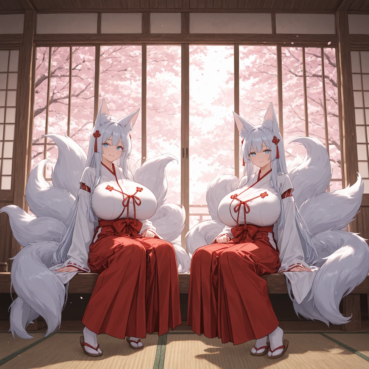 ((best quality, Masterpiece, Complete anatomy, Detailed pictures)), long haired, 1 woman, ferret arctic, sexy, long white hair, ponytail, gray eyes, White eyes, ferret tail, naked, red red, shy, in the cherry tree,