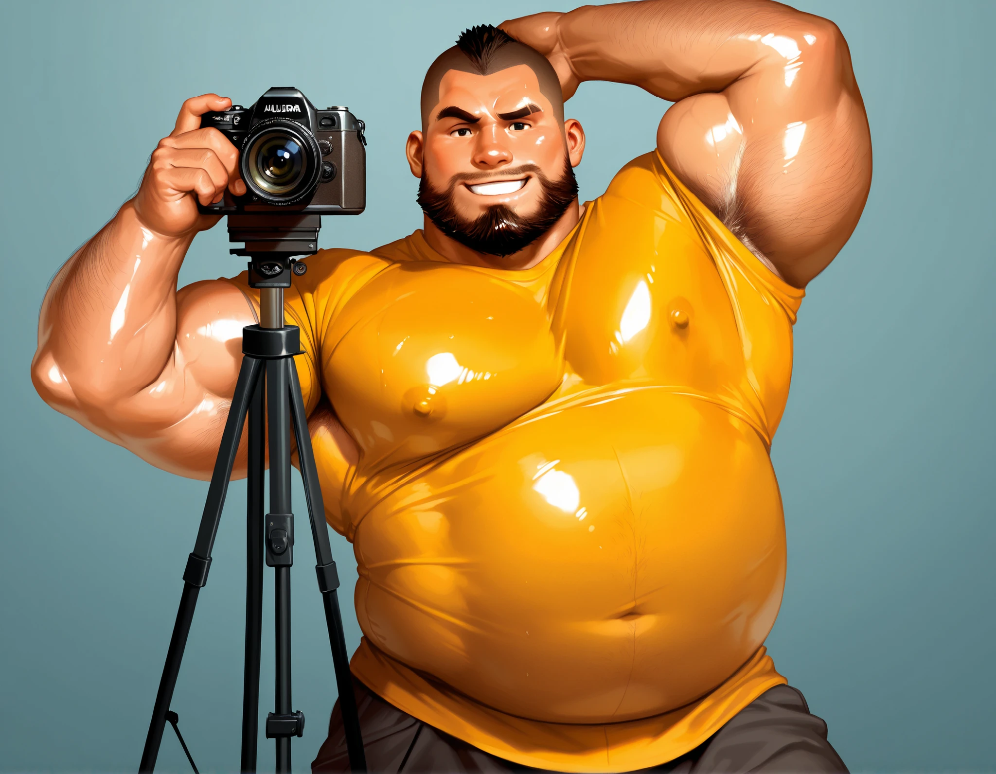 Big man, strong and stocky, smooth-faced and short-haired, in white underwear, Grinning, showing a credit card with red and black colors, written on it “RIBEIRO CARD” in capital letters.