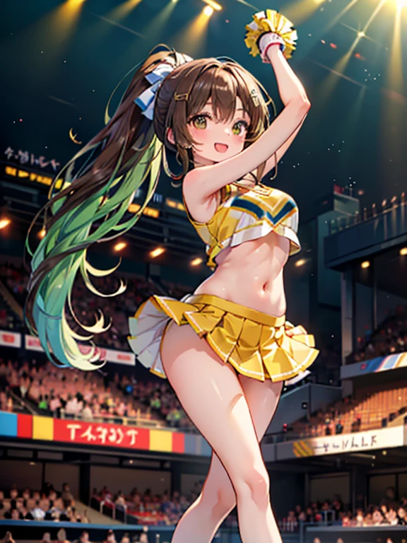 ((masutepiece、Highest quality、High resolution、nffsw、Perfect Pixel、4K、nffsw、nffsw)))、1 person、single、((solo:1.5))、Beauty、Full body view、Cheerleader、((Smooth texture:0.75、Realistic texture:0.65、Realistic:1.1、Anime CG Style))、(1 personのCheerleaderが屋外ステージに膝を着いて足を大きく広げている:2.0)、((Symmetrical eyes:2.0、Brown eyes、Slanted Eyes、Long eyelashes、Beautiful eyelashes、Realistic eyes、make))、 ((Detailed face、blush:2.5、I hate it:1.5、Are crying:1.0、Screaming:1.0))、 (Big breasts and sexy figure:1.2)、 Brown Hair、Shoulder-length hair、((Cheerleader衣装、Wearing a bikini top.0、Wearing a normal length skirt.0))、((View from below the stage:1.5))、((There are a lot of photographers around taking pictures.:1.5))、Focus on panties:1.5、Her skirt is rolled up and her panties are exposed:1.0、(Panties are completely exposed:1.5)、(Wearing wide panties:1.3)、(Wearing cute panties:1.3)、Wearing sneakers、((Large crowd:1.5))、Sunny daytime
