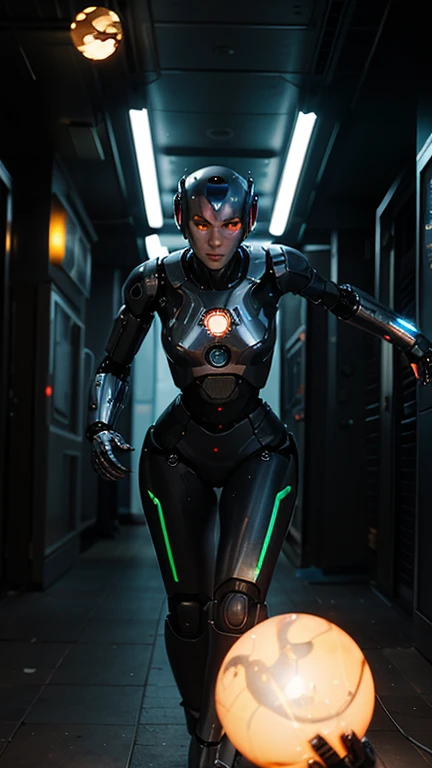 summer_glau, <lora:SummerGlauXL:1>,cyborg woman, biomechanical eye,  blend of organic and mechanical elements, futuristic, cybernetic, implants, attached wires, terminator style, standing in a futuristic loading device, looking at viewer