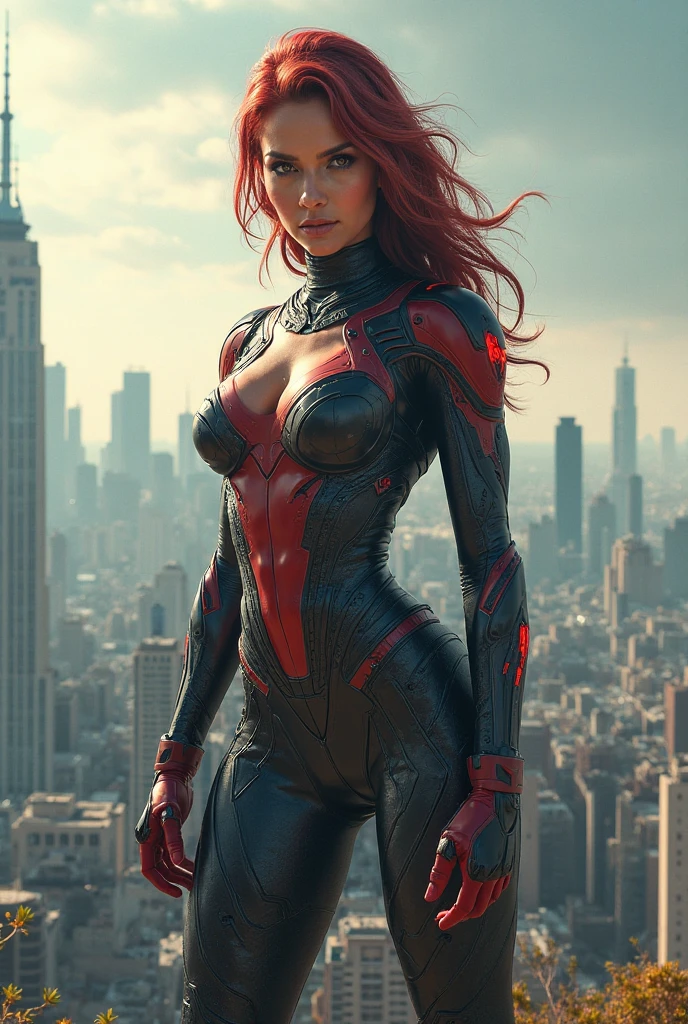 Masterpiece, action dynamic full body shot of an ultra hot gorgeous woman, age 23, she’s a playmate, men magazine model, in futuristic armor, ginger hair, green eyes, red lips, fearsome gaze, (amidst her army:1.2), bokeh