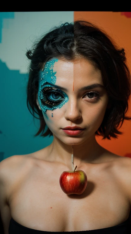 Half of the face is a skull, the other half is a woman , white 25 years old, A red rose 