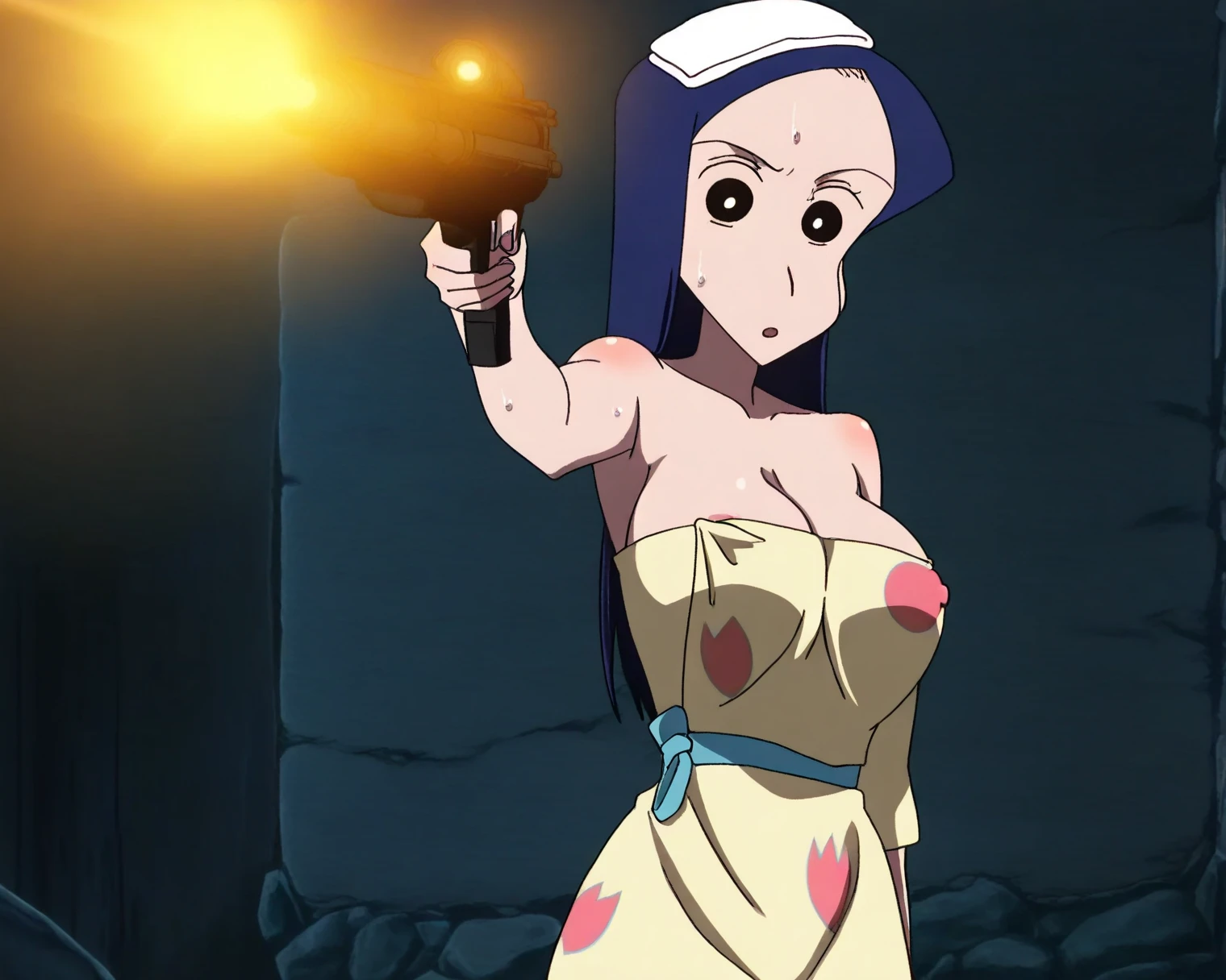 anime_still, masterpiece, best quality, 1girl, Gasai Yuno,(large breasts:1.5), nipples, solo, nude, as Gasai Yuno Sits in her room she stays blankly act a painting of her lover, she is wearing a black choker and black thigh highs and behind her there is a small table with a blood stained knife and a black face mask as well as a apron made of human skin, ((kill room)), ((blood)), ((psycho)), horror, ((slasher horror movie posters:1.5))