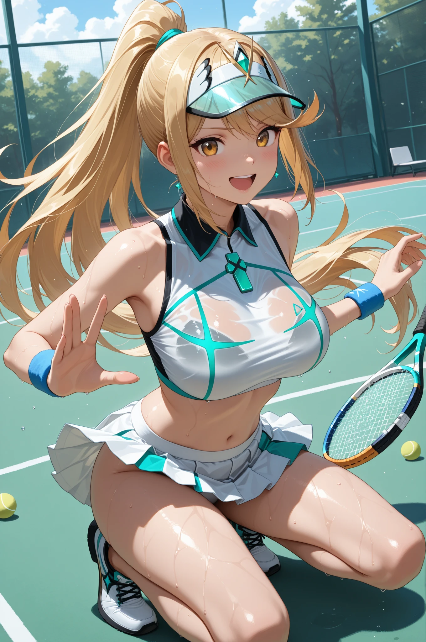 (((top-quality, masterpiece))), ((masterpiece, best quality;1.3)), ultra detailed, 8k unity wallpapers, CG, ray tracing, illustration, colorful, cinematic shadow, extremely detailed and beautiful background,vhd, shadering VRay,RT, 1girl, smile, teenage, blush, happy, smiling,  solo, blue eyes, (blush), (blonde hair), (long straight hair), headband, ((small breasts))), slim waist, white glowing skin, nice hips, highly detailed beautiful face, beautiful face, beautiful deep eyes, (talented Lo-Fi:1.3), sexy, lewd, (((blue tennis uniform))), (((shirt lift))), ((lace bra)), white miniskirt, ((blue lace panty)), ((white stocking)), (((tennis field))), glowing, glowing light, ultra detailed, scenic, atmospheric, classroom atmosphere, ((Masterpiece, Excellent, complex details)), delicate girl, delicate face