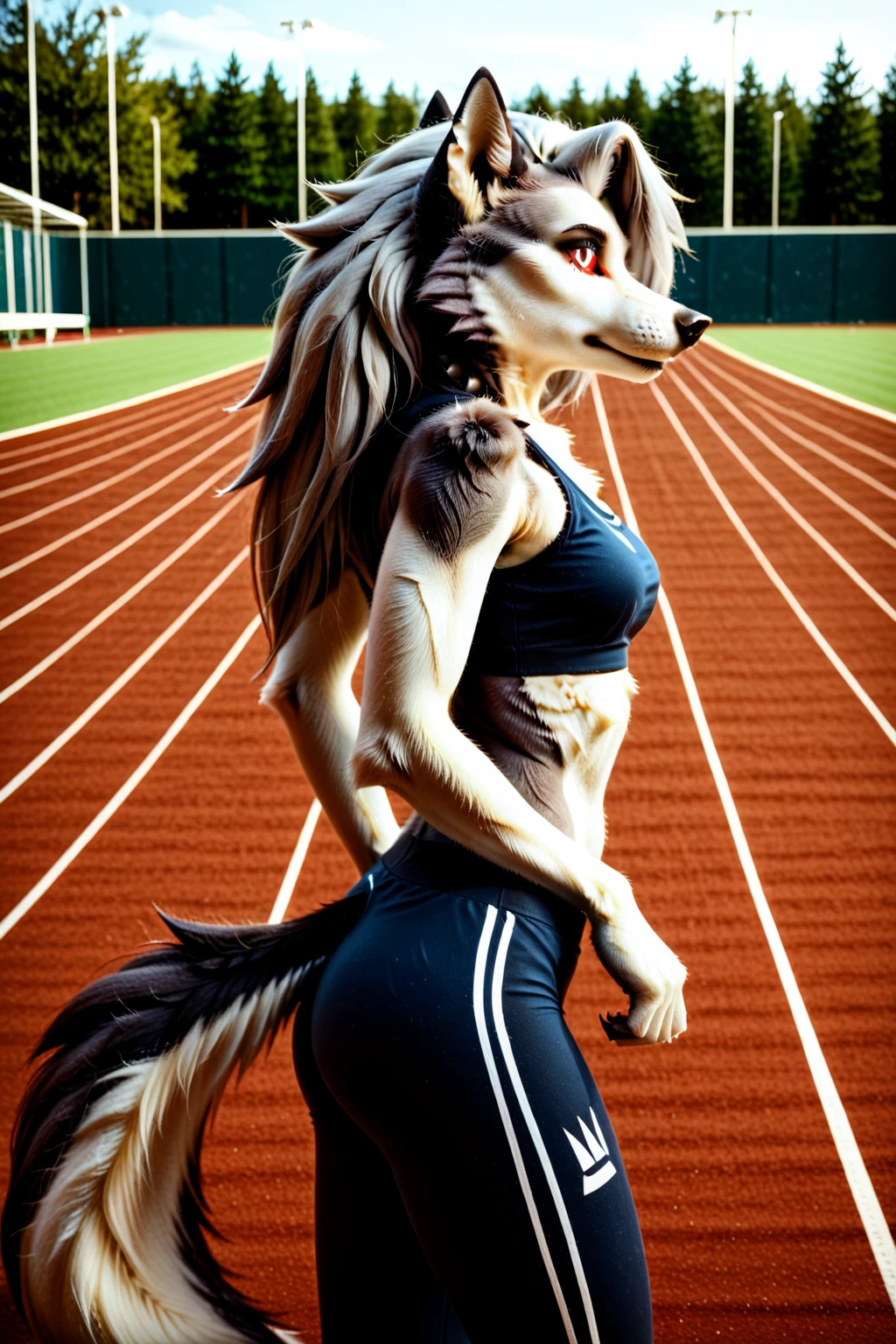 (Highest quality, incredible details, 8k, 4k, uhd:1.3) realistic, photorealistic, cast shadows, BREAK <lora:Tibetanfox:0.6>, {{tibetanfox, fluffy fur, tall female}}, BREAK <lora:Muscle:0.5>, SlightMuscle, {wide hips, thick legs}, BREAK looking at viewer, track and field, sports bra, gym shorts, smug