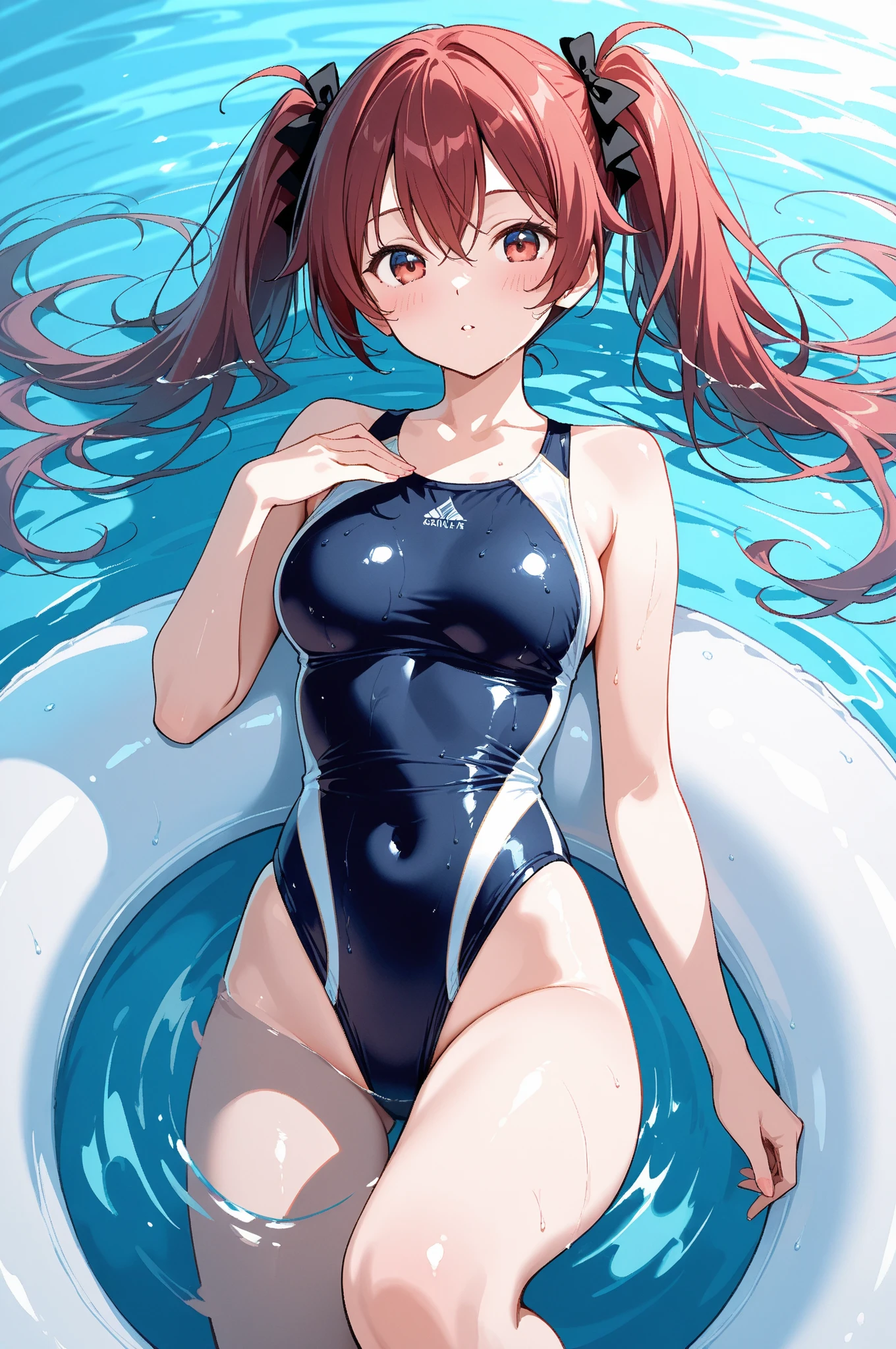 score_9, score_8_up, score_7_up, score_6_up, score_5_up, score_4_up, (source_anime), 1girl, neon genesis evangellion,( asuka langley soryu, small breasts, big Thighs, puffy nipples), far, full body, Swimming pool ,Revealing the breasts, Swimsuit, Wet, school