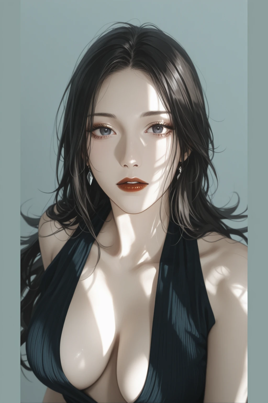 skimpy lingerie, long black hair, windy, looking left of viewer, line art