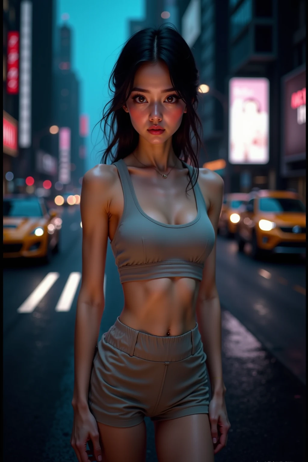 there is a woman with long hair and a jacket posing for a picture, nivanh chanthara, mai anh tran, south east asian with round face and light brown skin, professional profile picture, anime thai girl, headshot profile picture, thawan duchanee, 1 8 yo, 19 years old, a young asian woman, headshot photo, 17 years old, (skin blemish:1.2), (skindentation), black eye, 1woman, 25yo, (((woman))), solo, realistic, best quality, photorealistic, masterpiece, 8k, high res, solo, extremely detailed face, (professional lighting, bokeh), (light particles, lens flare, glowing particles:0.6), (dynamic pose:1.2), soft lighting, top angle view, fashionable and trendy atmosphere, japan, street, tokyo, city, ((night time)), sky, ((looking at the viewer:1)), (looking at the camera),(portrait:0.6), cowboy shot, gorgeous, standing, keep original facial proportion, wide shoulder, (((full body))), (medium breast), (medium hair), brown hair, floating hair, lips, lipstick, seductive smile, floating hair, smile, open_mouth, teeth, (sports bra), (Short yoga shorts black), (((clear square glasses))), eyelashes, mole, (mole next to lower lip:1),