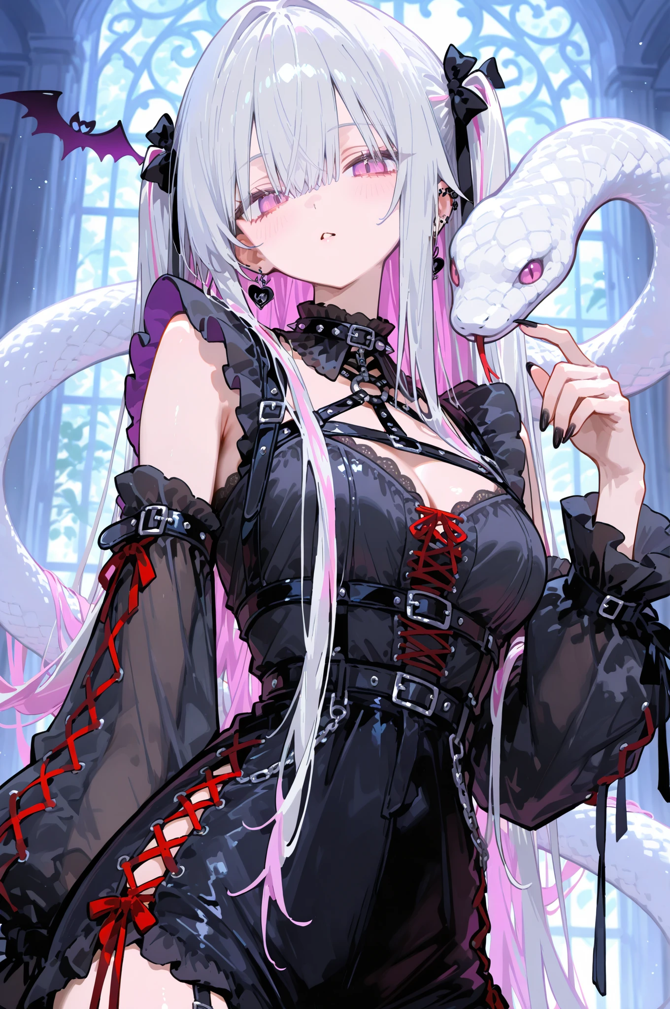 White-haired girl wearing black latex clothing and black stockings。The white-haired girl is the mother of the Zerg。White-haired girl with red eyes,White-haired girl spits out bugs and tentacles,Tentacles wrapped around white-haired girl。The little bug drains the human husband dry。White-haired girl's mouth sucks human husband's bodily fluids。White-haired girl in black latex plays with human husband。White-haired girl shows huge breasts,smile。The two lay on the bed,Countless insects surrounded the two of them