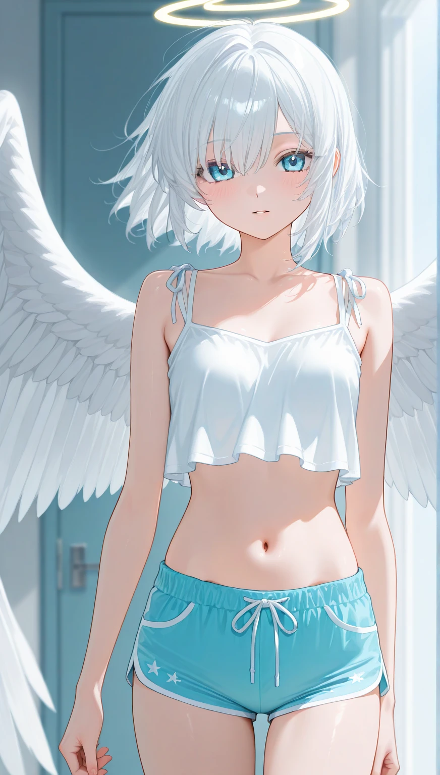 best image quality、highest quality、8K、Upper body、swimsuit、thighs、light blue hair、bob hair、blue eyes、starry sky、beautiful eyes、stomach、Navel、white wings grow