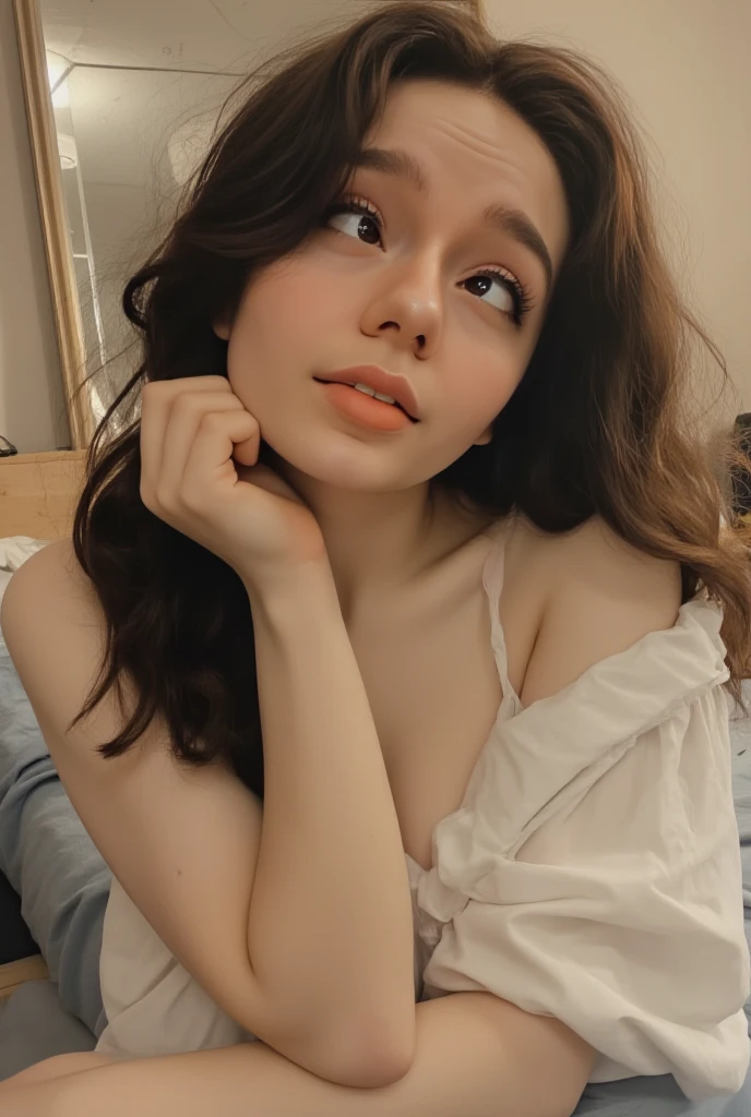 there is a woman laying on a bed with a white shirt, 18 years old, good young girl, she is about 2 0 years old, she is about 20 years old, 19-year-old girl, violet myers, 1 6 years old, young and cute girl, gorgeous latina face, 21 years old, she is about 1 6 years old