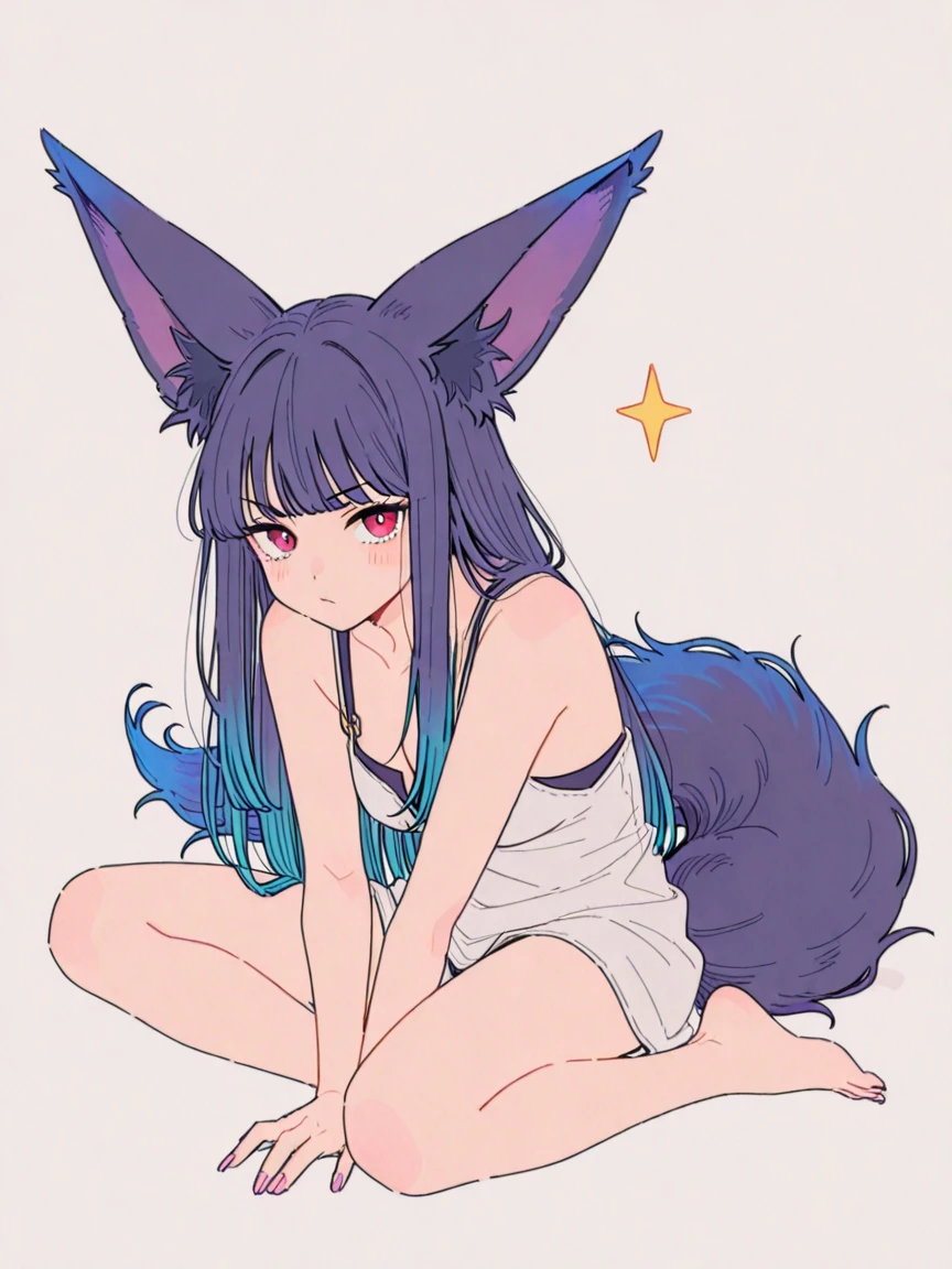 Cute, young, naked, , wolf ears, fluffy tail, bottomless, crouching, purple hair, purple tail, spread legs, peeing, urinating, piss, pissing