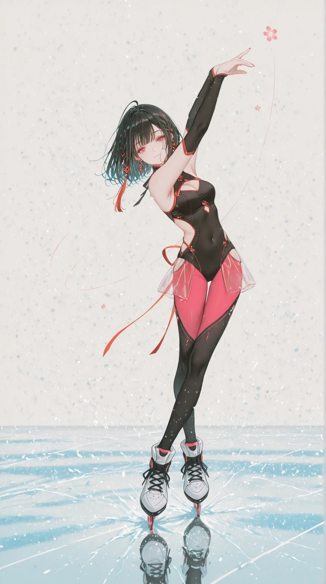 dark_art_style,artist:kazutake_hazano, artist:danimaru,[artist:ask_(askzy)], artist:wanke, artist:wlop, artist:fujiyama, artisit:yuyu_(yuyuworks)，artist:hiten_(hitenkei),atrisit:dishwasher1910,
完美品质, 超高清, 精良制作, 1girl, ice skating pose, 黑丝顺滑发{1.3},单马尾,  {天空蓝表演装:1.4}, 撞色褶边,丝带装饰,半透明服装, 冷美人风格, 若隐若现笑容,花样滑冰姿势, 高难度跳跃, 优雅滑行姿态, 匀称体态, 沉着表情, 女子花样滑冰比赛现场,冰地面，蔷薇色调色，(:1.58),超高清, 精致细节,