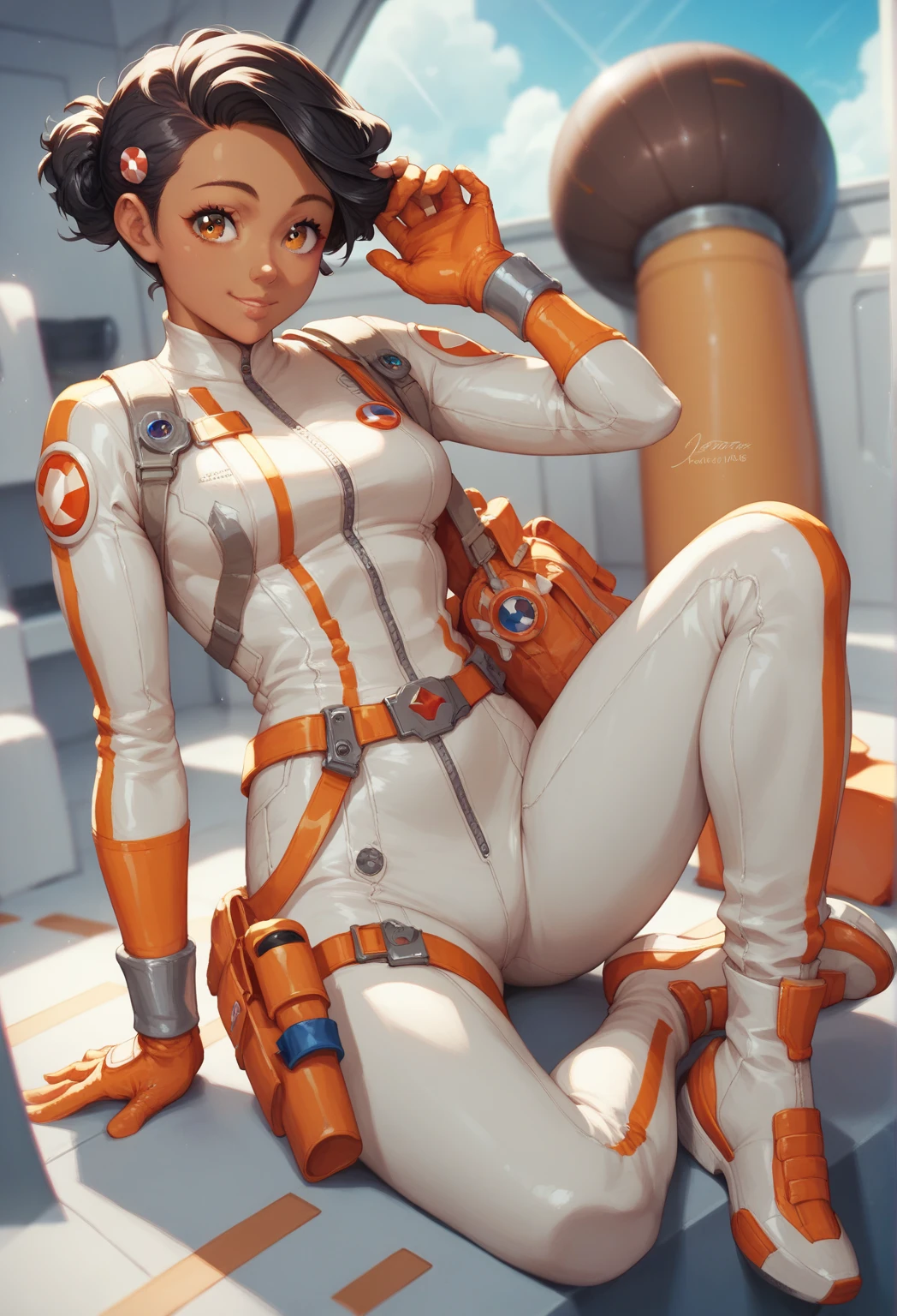 Low angle shot of Tracer, shot from below, detailed face features, beautiful detailed eyes, beautiful detailed lips, extremely detailed eyes and face, long eyelashes, Orange body suit, bomber jacket, seeing her from below, intricate details, vibrant colors, seamless composition, school, dynamic pose, hallway cinematic, dramatic, photorealistic, 8k, high resolution,
