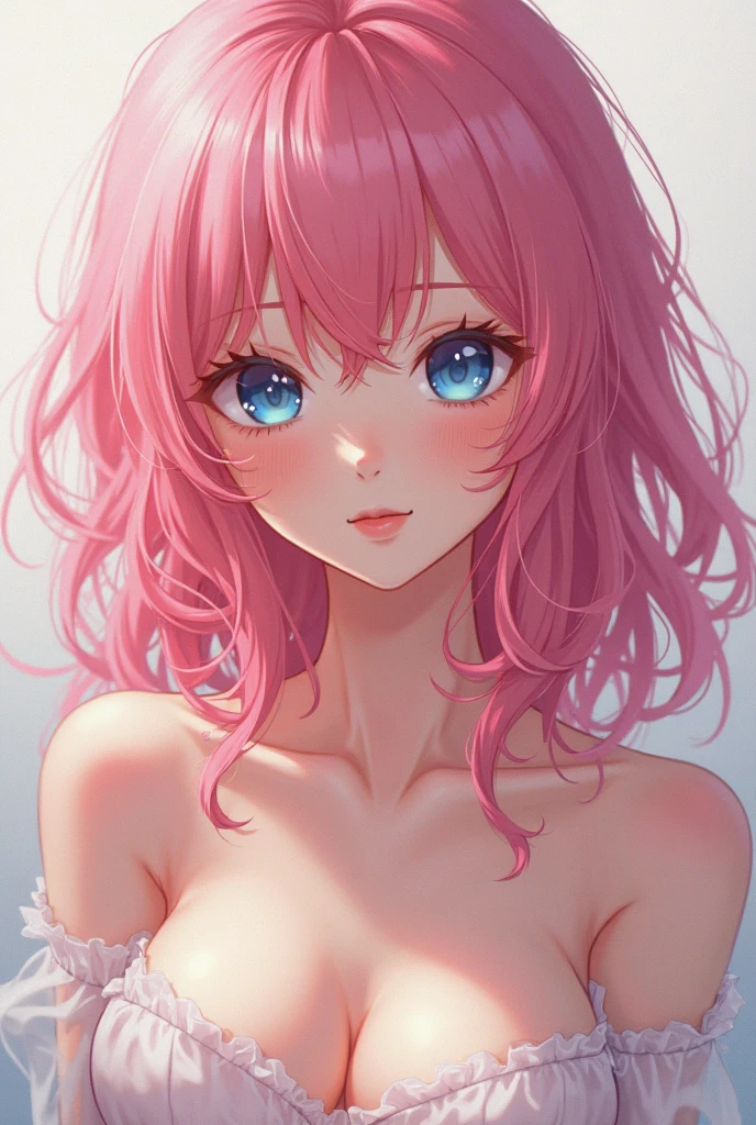 (pastel color palette), detailed aqua eyes, pink hair, (aqua eyes), Official art, Unity 8k Wallpaper, Ultra-detail, Beautiful and aesthetic, masterpiece, Best Quality, 1girl, ((big tits)), Extremely detailed, elegant, vivd color, romanticism, arms behind back, ((kawaii fashion)), shiny skin, sexy pose, heavy blushing, upper body, straight on, (cleavage), funky graphic design, (((anime style))), portrait,
