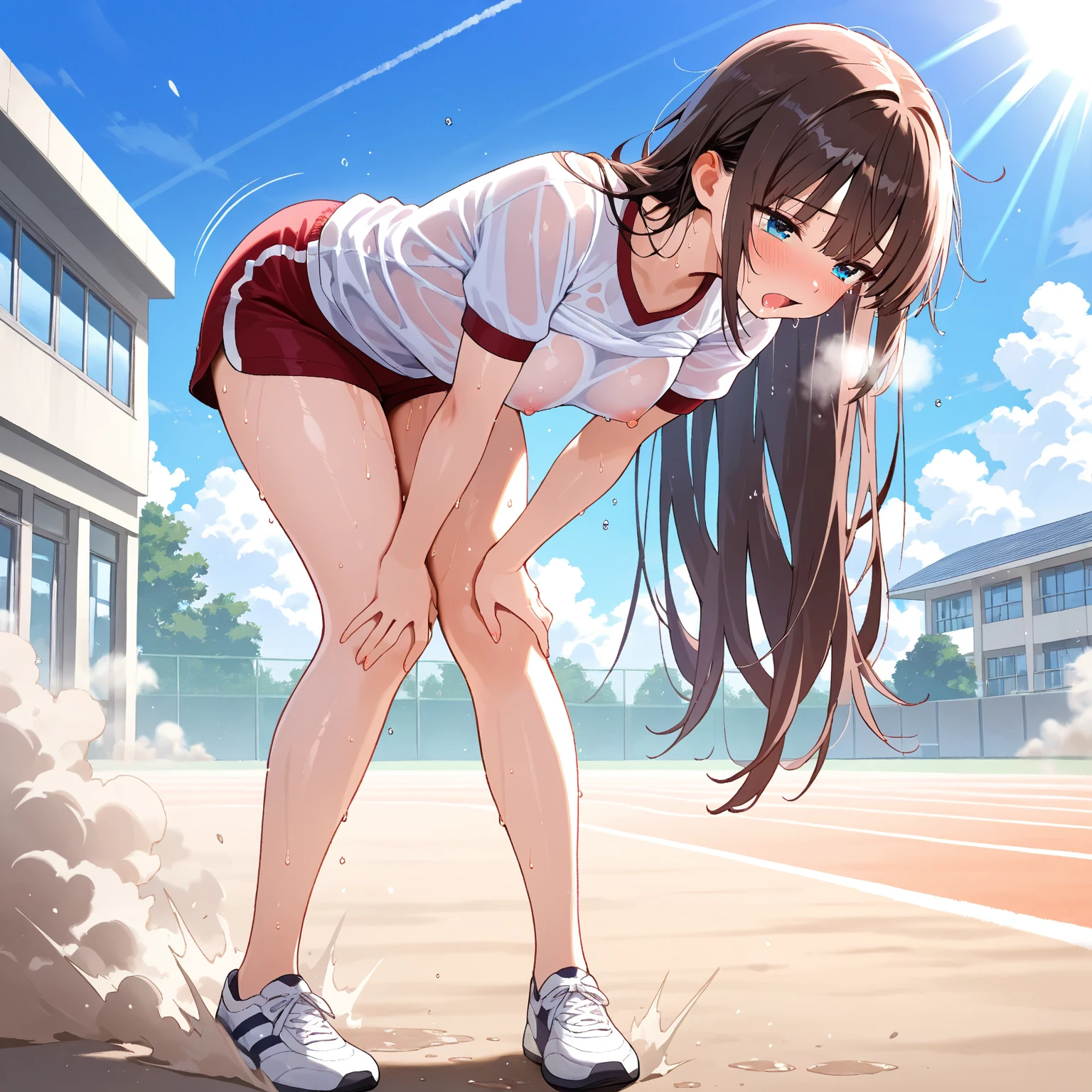 (gym uniform,red brown, white shirt, short sleeves, thighs:1.3),1girl,
(35 year old woman,mature female:1.2),depth of field,ponytail, black hair,(ribbon:1.2), (embarrassed,blush:1.3)
Thick thighen holding their penises and surrounding girls、Semen from the penis、Bukkake、Bukkake、（Bukkake）projectile cum、Blowjob、Lots of passersby、Ahegao、low length、、、Handjob、bandaids legs open、at the park