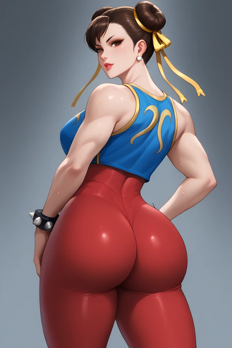 mixed_artwork style, neckleace, sweaty, 1 girl, standing alone, hands, lindo, (obra-prima: 1.2), (melhor qualidade: 1.2), Chun li, healed, stretching pose, steamy, excited, sensual smile, thick legs, muscle, legging, camiseta curta transparente, Breasts hanging ,
