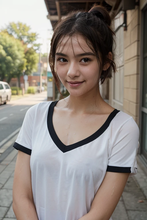 (8k, RAW Photos, highest quality, masterpiece, Realistic, Realistic), (1 female), (The ultimate beautiful Japanese MILF), Highly detailed face, (Perfect Teeth), Beautiful Eyes, double eyelid, eyelash, ((smile)), Lip details, (Neat brunette bob), The light shines on your face, (Big Breasts), ((Blue T-shirt)), (Upper Body), ((background: none))