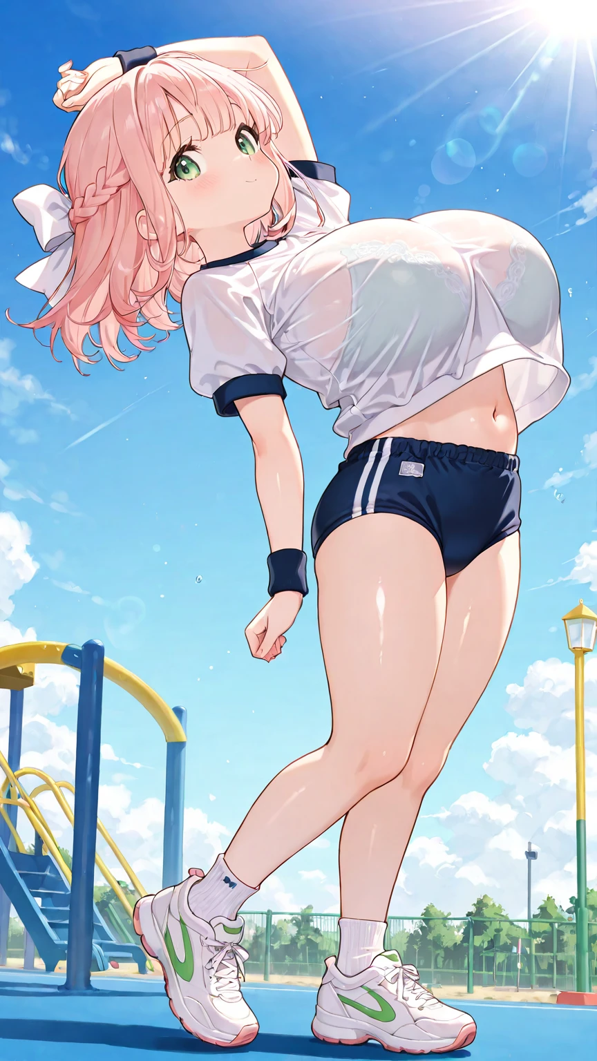 (in 8K, Best Quality, masutepiece:1.2), Best Quality, 超A high resolution, kawaii, Cute, 1girl, 16 years old,A slender,(Saggy breasts:1.2),(school gym clothes, bloomers, buruma:1.2), narrow headband,middle hair,pink hair,blue eyes, single braid, full body, dynamic angle,face focus, outdoor, (jumping,arms down,Arching the back), sunbeam,lens flare,from below,(a person,crowd),(😀),(looking up:1.4),looking away,(fellatio:1.4)