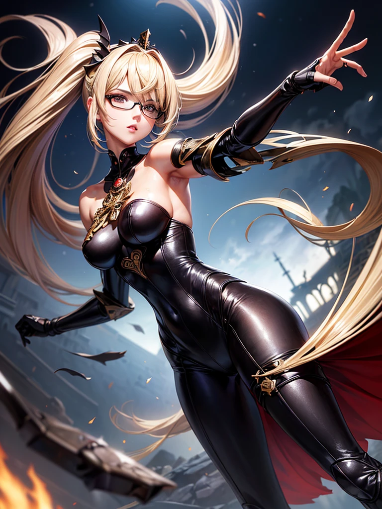 A shot framed by rows of cold, calculating LED lights casts an eerie glow on a lab filled with human bones. A stunning woman, her blonde hair styled neatly, stands amidst the relics in stiletto heels and a provocative outfit - a red pencil suit with a low-cut top and a red miniskirt. Her piercing blue eyes seem to gleam with intelligence and malice behind sharp silver-rimmed glasses. As she smiles at the camera, her beauty and seductive charm are undeniable, even amidst the gruesome experiment's results.
