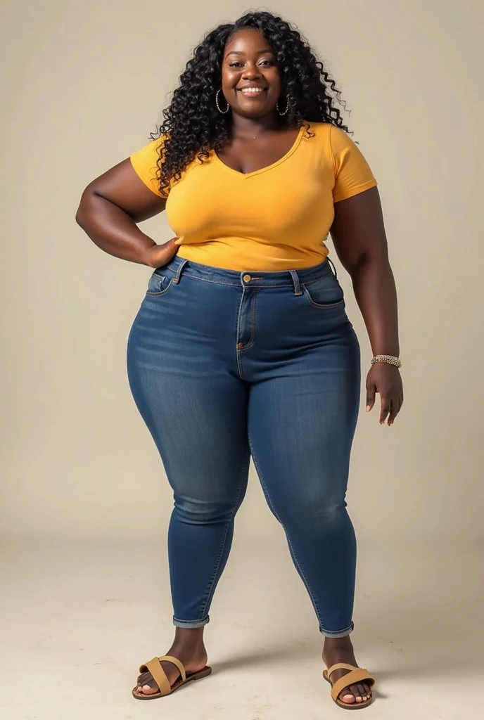 image captured with a Sony α7 III camera, full body shot, an narrow waist, slightly wide hips, and a full bust. The proportions are highly stylized, with a sharp contrast between the tiny waist and the expansive curves of the hips and chest,, young black woman early 20's, straight cut jeans in Dark Blue color, fitted tee in white color, light brown high heels, natural realistic, creamy white background standing straight in front of the camera.