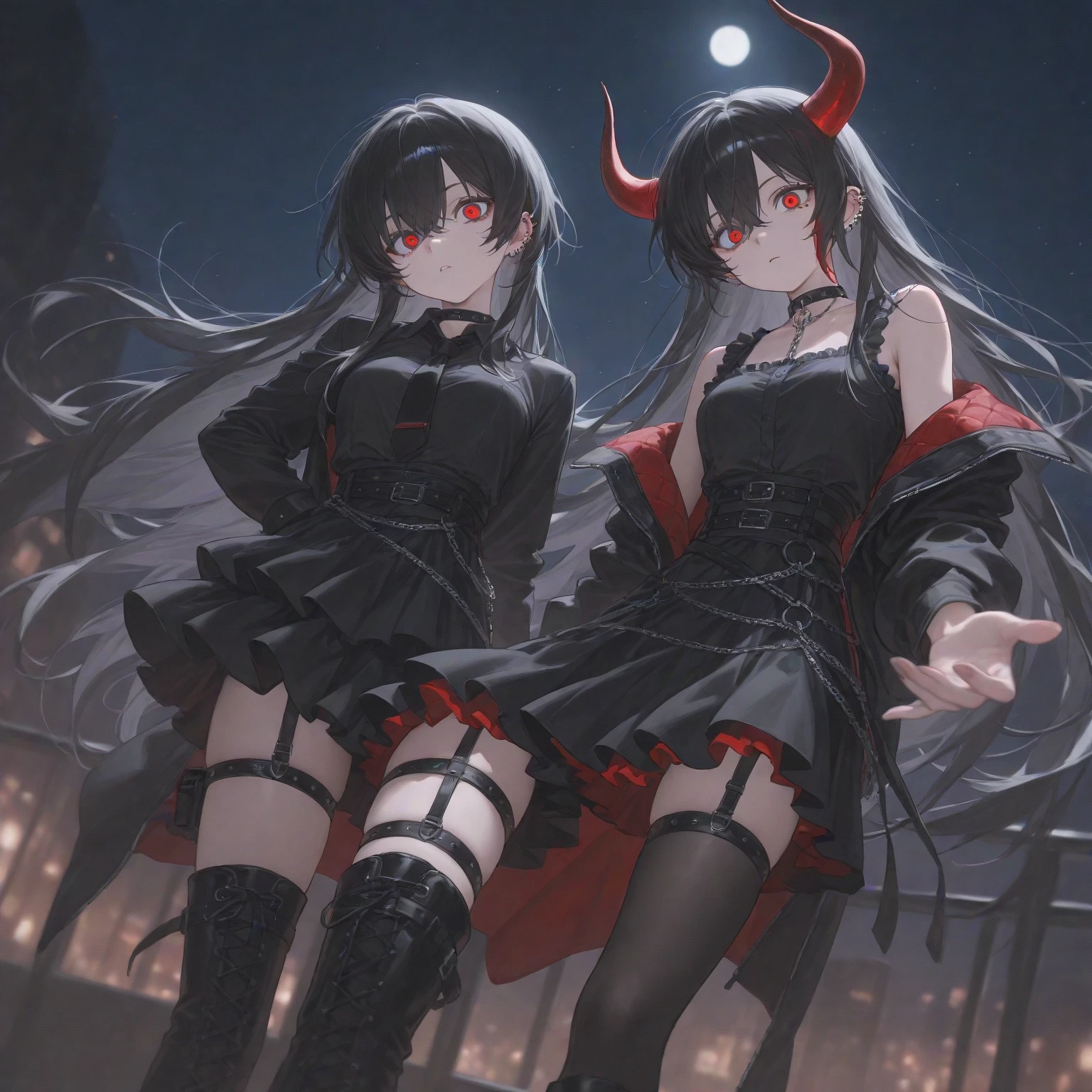 ((Black Hair Long Hair Demon Horns Red eyes)) ((Red aura inflammation Iron club Yellow and black striped underwear)) (moon star Jump Aerial)